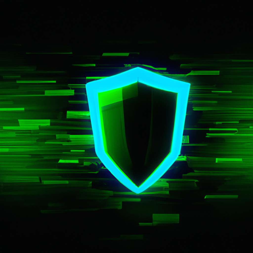 Абстрактный неоновый щит кибербезопасности на фоне сетки — символ защиты данных